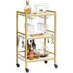 HOOBRO Bar Cart for The Home, 3-Tier Kitchen Cart with Glass Holders, Serving Cart with Lockable Wheels, Rolling Beverage Cart with 6 Hooks, for Bar, Kitchen, Dining Room, White and Gold DW50TC01