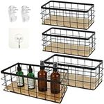 Acrux7 4 Pack Small Metal Wire Basket, Black Wire Storage Baskets with Detachable Wood Base, Rectangular Wall Mount Wire Basket for Kitchen, Bathroom, Garage, Pantry, Cabinets, Countertop (Black)