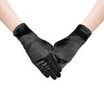 Bototack Women Short Satin Gloves, Wrist Length Vintage Formal Opera Evening Banquet Gloves for Dance Tea Party Wedding (Black)