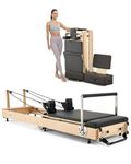 VEVOR Foldable Pilates Reformer, Wooden Pilates Workout Machine for Home Gym Studio Use, Pilates Bed with Dual Resistance- Spring & Cord, Reformer Set with Sitting Box, Up to 400 LBS