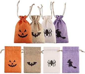 DECORA Halloween Burlap Gift Bags with Double Jute Drawstrings Candy Pouch Halloween Treat Bags with Different Designs Pack of 50