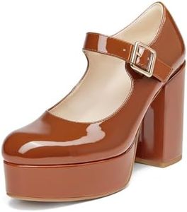Coutgo Mary Jane Shoes Women Brown Platform Heels for Women Patent Chunky Heels