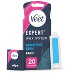 Veet Expert Sensitive Waxing Strips, 20 Cold Wax Strips + 4 Finish Wipes, Eyebrow Waxing Strips, Facial Wax Strips, Face Wax Strips For Sensitive Skin, Sensitive Skin, Hydrating, Exfoliating