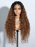 Joedir Lace Front Wig Long Deep Wave Curly Wigs for Women Synthetic Natural Crimps Curls Lace Frontal Wig 24 Inches T-Part Preplucked Hairline Wig with Baby Hair Ombre Brown