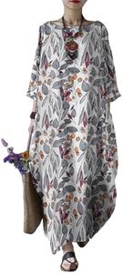 Celmia Kaftan Dresses for Women Floral Print Cotton Maxi Dress with Pockets Grey Large