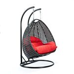 Hindoro Rattan Wicker Wrought Iron Two Seater Swing Chair with Powder Coated Stand & Cushion & Hook || Double Hammock Swing For Adults & Kids || Outdoor || Indoor || Balcony || Garden || Patio || Backyard || Porch || Yard || Terrace || Living Room Furniture (King, Black with Red)