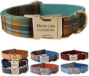 Personalised Dog Collar with Metal Buckle, Customized Pet Collars with Name Phone Number Address Engraved, Plaid