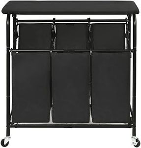 STO STO Laundry Sorter 3 Section with Ironing Board, 3 Bag Laundry Hamper with Folding Table, Laundry Basket with Heavy Duty Lockable Wheels and Removable Bag for Clothes Storage, Black