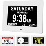 Hiseeyo-7 Inches Preeminent Calendar Alarm Clock, Dementia Impaired Vision Clocks for Memory Loss Seniors, Silent No Ticking, Large Display, with Humidity&Temperature(White)