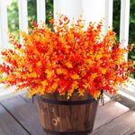 HyeFlora Artificial Faux Fall Eucalyptus Plants Flowers Outdoor Outside Decoration, 12 Bundles Fake Silk Orange Boxwood Realistic UV Resistant for Planter Front Door Porch Patio Yard Decor