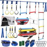 Gentle Booms Sports Ninja Warrior Obstacle Course for Kids, 2×56ft Ninja Line Kit with 8 Slackline Accessories - Monkey Bar, Rope Ladder, Gymnastic Ring, Arm Trainer and Monkey Fist