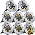 Solar Outdoor Garden Ground Lights, 8 LED Waterproof Patio Disk Lights, In-Ground Landscape Lighting, Floor Path Lights for Walkway, Lawn, Steps Decks, Pathway Yard Stairs Fences, Warm White (8 Pack)
