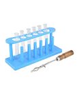 VITSZEE Small Test tubes (6 pcs Borosilicate) with Plastic Test Tube Stand (Blue or white color) and Wooden Handle Chromium Plated Test Tube Holder Combo of 8 Products