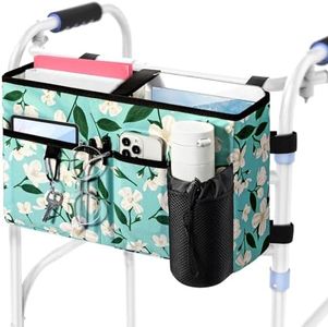 Rhino Valley Walker Bag, Multi Pockets Folding Walker Basket Tote Bag with Cup Holder, Hand-free Carry Pouch Storage Bag for Universal Walkers, Large Capacity Organizer for Seniors Elderly, Flower
