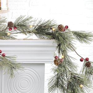 6.4 FT Artificial Cedar Garlands, Real Touch Winter Pine Garland with Red Berries, Green Greenery Garland for Table, Mantle, Wall, Indoor, Outdoor Christmas Decorations