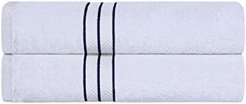 Superior Hotel Collection 900 Gram, 100% Premium Long-Staple Combed Cotton 2 Piece Bath Towel Set, White with Navy Blue Border