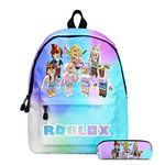 Girls Roblox Backpacks for School Glaxy Rainbow Planet Bookbags for Kids Teen Toddler Fashion Daypack Rucksack Travel Laptop Bag and Pencil Case (sky blue)