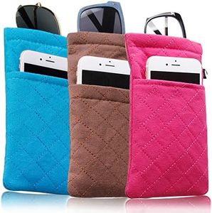 DQbhzh Soft Eyeglass Cases for Women Men Double Eye Glass Case Squeeze Top Eyeglasses Case Sunglass Bag Pouch with Microfiber Clean Cloth Protable Dual Travel Glasses Case 3 Pack Brown+Hot Pink+Blue