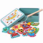 LHKJ Magnetic Fishing Game Toys Set Wooden Fishing Toy Game for Toddlers with 15 Different Fishes, 1 Magnetic Rods