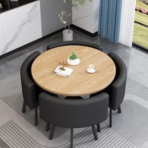WOOOFA Round Dining Table Set for 4, Faux Marble Conference Table and Chairs Set, Kitchen Table Chairs Set with Strong Metal Frame, Space-Saving, Office Table and Chair Set for Home and Apartment