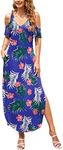 HUSKARY Women's Summer Maxi Dresses V Neck Cold Shoulder Short Sleeve Casual Loose Long Split Dress with Pocket, Leaves04, Large