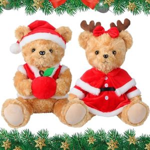 Pack of 2 Christmas Stuffed Bear Gifts Plush Soft Bear Animal Toy Cuddly Brown Stuffed Toy 10 Inches with Red Vest Cape Bow Hat Dress for Women Christmas Birthday