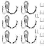 6 PCS Double Prong Robe Hooks Dual Coat Door Hooks with 16 PCS Screws Chrome Wall Mounted Hooks for Hanging Hat Tie Clothes Towel Metal Retro Cloth Hanger Silver for Bedroom Bathroom Kitchen