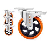 Krevia 5 Inch 360 Degree PU Swivel Caster Wheels | Set Of 4 Heavy Duty Locking Bearing Industrial Casters with Brake | Noise-Free Swivel Plate Caster Wheels for Cart, Furniture, Workbench (Orange)