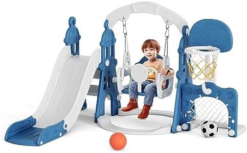 KORIMEFA 5-in-1 Kids Slide and Swing Set, Toddler Slide with Basketball Hoop, Swing, Outdoor Indoor Playground for Toddlers 1-3 (5 in 1- Blue)