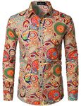 LucMatton Men's Vintage 70s Style Paisley Pattern Printed Clothing Traditional Long Sleeve Button up Shirts for Hippie Disco Outfit Khaki XX-Large