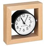 Navaris Analogue Wooden Clock - Square Wood Clock with Silent Movement for Desk, Tabletop, Countertop, Shelf - Mantel Clock - Light Brown, White Face