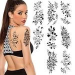 URAQT Temporary Tattoos, 8 Sheets 3D Extra Large Waterproof Sexy Flowers Fake Tattoo Kits, Arm Neck Face Temp Tattoo Temporary Tattoos Sticker for Women and Men, Black Halloween Fake Tattoos