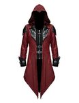 Men's Medieval Tailcoat Steampunk Vintage Spliced Hooded Trench Zipper Coat Gothic Dark Halloween Costume (Small, Burgundy)