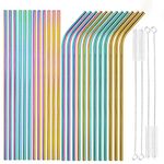 [24 PCS] Value Pack Reusable Stainless Steel Straws in Bulk Extra Long 10.4 inch Colorful,Tomorotec Metal Straw Sets with Cleaning Brushes,12 Straight 12 Bent For Tumblers Beverage Drink Cocktail