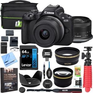 Canon EOS R50 Mirrorless Camera (Black) with RF-S 18-45mm F4.5-6.3 is STM Lens 5811C012 Bundle with Double Battery, Memory Card, Deluxe Case and Mini Tripod & Accessories