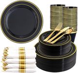 WDF Partyware 350 Pieces Black and Gold Plastic Plates with Disposable Silverware, Include 50 Dinner Plates 9”, 50 Dessert Plates 6.3”, 50 Gold Rim Black Cups 9 OZ, 50 Pre Rolled Napkins Packed in
