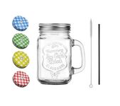 SAVE™ Mason Jar with Black Stainless Steel Straw and handle | Stylish Embossing Design | 450 ml | Multicolour Lid with Hole (Straight Straw + Cleaning Brush)