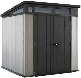 Keter Artisan 7x7 Foot Outdoor Shed with Floor-Modern Design for Patio Furniture Lawn Mower, Tools, and Bike Storage, Grey