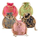 Kuber Industries Potli | Jute Handbags for women | Embroidered Women Potli Bag | Traditional Indian Potli Bags | Drawstring Bags for Wedding | Pack of 5 | Multicolor