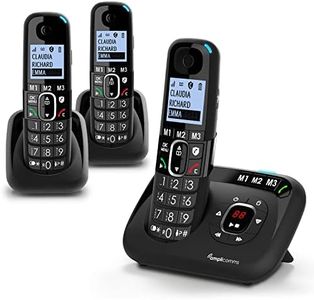 Amplicomms BigTel 1583 Trio, téléphone DECT sans Fil à Grosses Touches, répondeur, Trois combinés, Audio-Boost, sonneries puissantes, Compatible avec Les Aides auditives