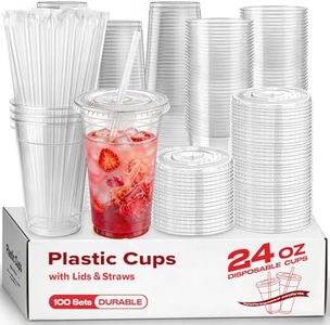 100 Pack 24 oz Plastic Cups with Lids and Straws, Clear Disposable Plastic Cups, Heavy Duty Iced Coffee Cups with Leak-Resistant Lids, Cold Drink Cups for Smoothies, Juice, Soda & Party To Go