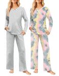 Ekouaer Womens 2 Pack Pajama Set Long Sleeve Pajamas Top and Pants V Neck Pjs Set Soft Loungewear with Pockets