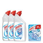 Harpic White and Shine Disinfectant Toilet Cleaner Bleach Liquid - 500 ml (Pack of 3) & Harpic Power Fresh 6 Toilet Cleaner Rim Block, Marine Splash - 35 g | Toilet flush cleaner blocks COMBO