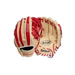 WILSON A500 11” Utility Youth Baseball Glove - Right Hand Throw, Blonde/Red/White