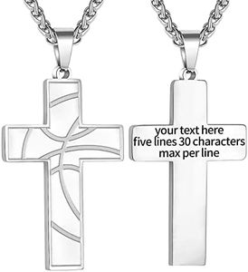 GLITTO Custom Personalized Customize Basketball Cross Necklace for Men Boys Kids Silver Stainless Steel Customized Engraved Pendant Chain Religious Christian Jewelry Gift Christmas