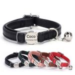 SEOUGEE Genuine Leather Cat Collar Quick Release with Personalised Name Tag, breakaway Kitten Collars with Removable Bells & Safety Release, Engraved buckle, 19-30 CM Adjustable, Jet Black