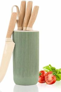 Kienlix Knife Set, 6-Piece Khaki Kitchen Knife Set for Home, Anti-Rust Non-Stick Stainless Steel Sharp Chef Knife Sets with Universal Knife Block for Kitchen, Ergonomical Design (Green)