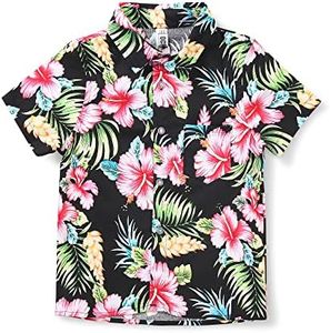 OCHENTA Big Boy's Floral Hawaiian Shirt, Short Sleeve Button Down Casual Beach Aloha Party Tops Black Red 160CM - 10-11 Years