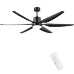 Ohniyou Outdoor Ceiling Fan, 66'' Large Black Ceiling Fan with Lights and Remote Control, 6 Blades 6 Speeds Reversible Smart Timing Ceiling Fan Light for Patios Office Garage Shop Factory Warehouse