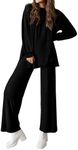 PRETTYGARDEN Womens 2 Piece Outfits Crewneck Long Sleeve Tops Wide Leg Long Pants Casual Lounge Set Tracksuit, Black, X-Large